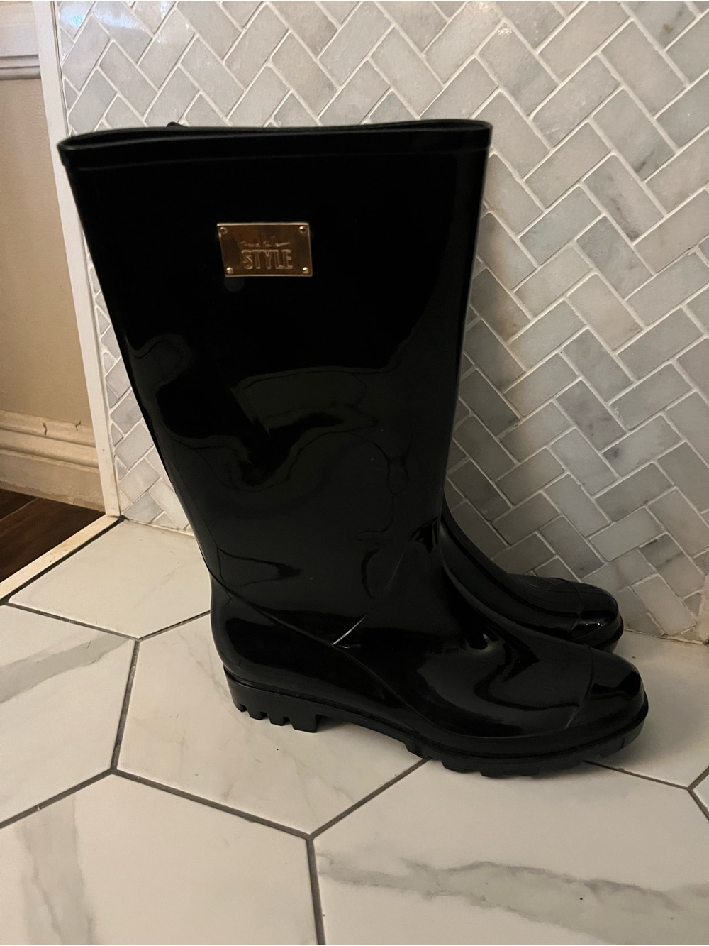 Nicole Miller Black Glossy Tall Rain Boots